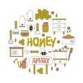 Beekeeping, apiculture icons. Beekeeper equipment, honey processing, honeybee, beehives types, natural products. Bee