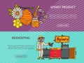 Beekeeping banner, apiary and beekeeper in protective suit vector illustration. Man with equipment. Honeycomb, honey Royalty Free Stock Photo