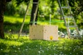 Beekeeping. Collecting escaped bees swarm from a tree. Apiary background. A swarm of European honey bees being collected.