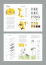 Beekeeping honey vector template with apiculture equipment, beekeeper, smoker, beehive, bee, honeycomb, illustrating the