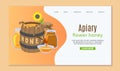 Beekeeping and honey web template with honey barrel, sun flower and bees. Layout landing page template with honeycombs