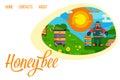 Beekeeping and honey web template with honey hives, sun, beekeeper and bees, vector illustration. Layout landing page