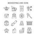 Beekeeping line icon set. Collection cymbol with honey, bee, hive, beekeeper, flower, equipment, apiculture. Vector illustration