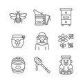 Beekeeping line icon set. Collection symbol with bee, hive, honey, beekeeper,equipment, apiary.