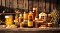 Beekeeping product assortment with brand labels. Honey, beeswax, and pollen presented on timber. Concept of wholesome