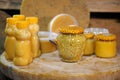 Products of livelihoods of bees. Beeswax, honeycomb, honey, pollen, propolis. Royalty Free Stock Photo