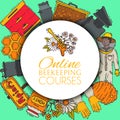 Beekeeping round pattern, apiary vector illustration. Online beekeeping courses. Beekeeping workshop. beekeeping tools
