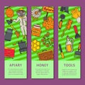 Beekeeping set of banners, apiary and beekeeper in protective suit vector illustration. Man with equipment. Honeycomb Royalty Free Stock Photo