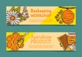 Beekeeping set of banners, apiary vector illustration. Beekeeping workshop and apiculture product. Honeycomb, honey from