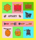 Beekeeping set of banners, apiary vector illustration. Beekeeping workshop, beekeeping tools and equipment. Honeycomb