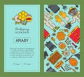 Beekeeping set of banners, apiary vector illustration. Beekeeping tools, man in suit. Honeycomb, honey from beehive, jar Royalty Free Stock Photo