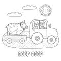 Beep beep black and white print with cute boy and cat on a tractor carrying a cow