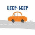 Beep-beep car lettering. Cars and text chid print of hand dawn vehicle. Nursery art design, for printing on baby clothes and Royalty Free Stock Photo