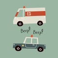 Beep. cartoon ambulance, police, hand drawing lettering, decor elements. flat style, colorful vector for kids.