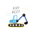 Beep beep text and cartoon excavator isolated Royalty Free Stock Photo