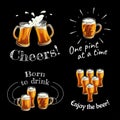 Illustration of mugs and glasses for toast with light beer and texts on black background. Royalty Free Stock Photo