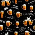 Seamless pattern with beer glasses and texts. Mugs and glasses for toast with light beer on black background. Royalty Free Stock Photo