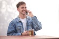 Beer, alcohol and phone call communication for man talking, discussion and speaking to 5g mobile contact. Conversation Royalty Free Stock Photo