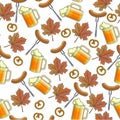 Beer alcoholic beverage, pretzels snack and maple leaves seamless pattern Royalty Free Stock Photo