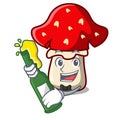 With beer amanita mushroom mascot cartoon