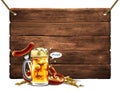 Beer background with a mug of foamy beer. Highly realistic illustration