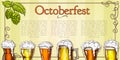 Beer background vector vintage. traditional beer festival banner template with foamy beer glasses in retro style