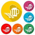 Beer and bacon icon or logo, colors set with long shadow