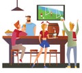 Beer bar - Restaurant. Football fans cheering for the team in a bar. Football match, bar with bartender, alcohol drink