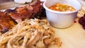 Beer with barbecue food. Ribs, pulled pork, beans. Royalty Free Stock Photo