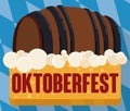 Beer Barrel Floating in Froth in Flat Button for Oktoberfest, Vector Illustration