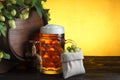 Beer barrel with fresh hop cones and glass of beer Royalty Free Stock Photo