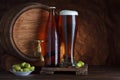 Beer with barrel and fresh hops for brewing Royalty Free Stock Photo