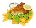 Beer battered fish and chips with mushy peas Royalty Free Stock Photo