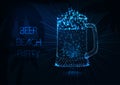 Beer beach party concept with glowing low poly beer mug, rays, palm trees and text on dark blue Royalty Free Stock Photo
