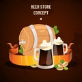 Beer in beerhouse brewery vector beermug beerbottle and dark ale illustration backdrop of beerbarrel in bar on beery