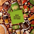 Beer in beerhouse brewery vector seamless pattern beermug beerbottle with nuts snack hazelnut backdrop set of dark ale