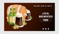 Beer in beerhouse brewery vector web page beermug beerbottle and dark ale illustration backdrop of beerbarrel in bar on