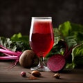 Beer and beets on a wooden table. A glass of red ale from beetroot beer on the table