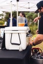 Beer being poured at the Keeper`s Craft Tasting beer festival at the Fire Island Lighthouse. Long Island New York Royalty Free Stock Photo