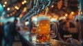 Beer being poured from a tap into a mug at a busy bar with festive lighting in the background Royalty Free Stock Photo