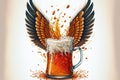 beer being poured with wings in the background