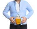 Beer belly problem. Overweight man on white background, closeup Royalty Free Stock Photo