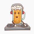 beer glass with kawaii cute face mascot dj playing turn table vector illustration