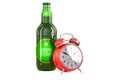 Beer bottle with alarm clock, 3D rendering Royalty Free Stock Photo