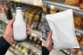 Beer bottle and chips in hand mockup in front of shelf in supermarket