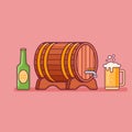 Beer bottle, glass and barrel. Oktoberfest flat style design.