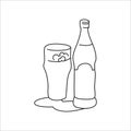 Beer bottle and glass outline icon on white background. Black white cartoon sketch graphic design. Doodle style. Hand drawn image Royalty Free Stock Photo