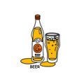 Beer bottle and glass outline icon on white background. Colored cartoon sketch graphic design. Doodle style. Hand drawn image. Royalty Free Stock Photo