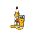 Beer bottle and glass outline icon on white background. Object overlaps the other. Colored cartoon sketch graphic design. Doodle Royalty Free Stock Photo