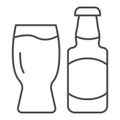 Beer bottle and glass thin line icon. Lager bottle with glass vector illustration isolated on white. Alcohol outline Royalty Free Stock Photo